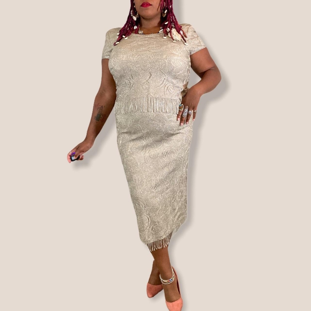 Metallic Knitted Formal Dress with Fringe